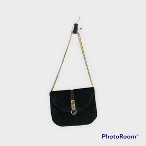 Vintage Black Suede Purse With Two Tone Chain Strap